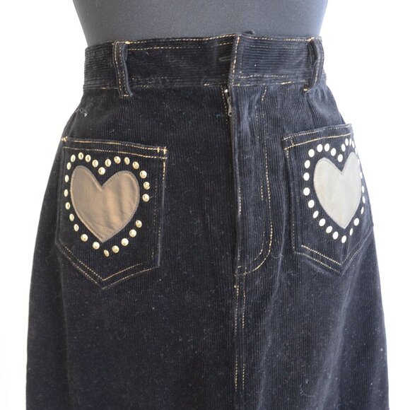Y2K Black Corduroy Heart Patch Midi Skirt Sz 2 - Picture 5 of 6
